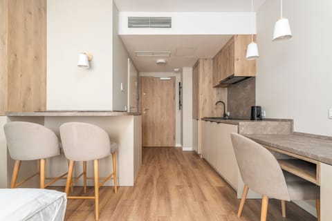 Deluxe Studio | Private kitchen | Full-size fridge, stovetop, electric kettle, cookware/dishes/utensils