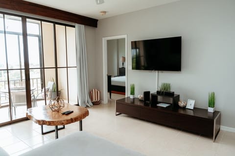 Modern TV and Living Room Next to Balcony.