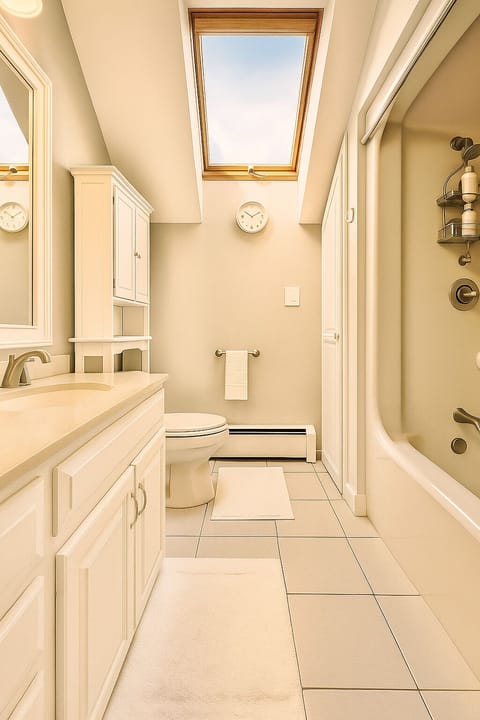 Hair dryer, slippers, towels, soap