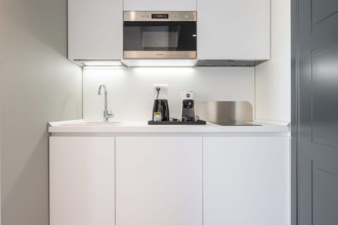 Fridge, microwave, stovetop, espresso maker