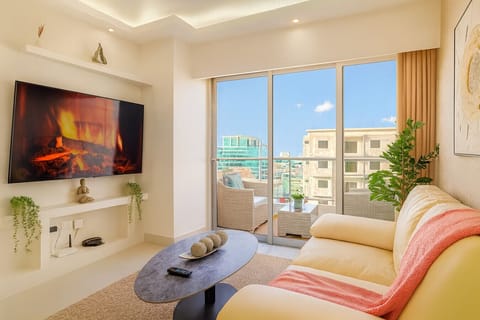 Living room with smart tv and city views