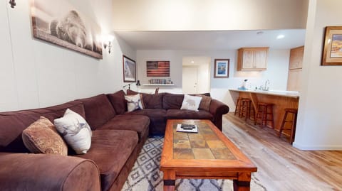 Living room w/ TV, DVD player, wood burning fireplace