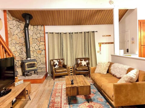 Living room with Apple TV, DVD player, fireplace