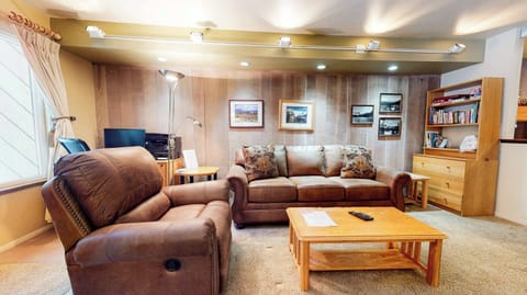 Living room w/ wood burning fireplace, TV, DVD player, sofa sleeper