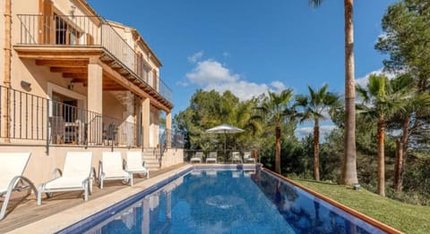 Private pool at Finca Es Foners in Felanitx with sun terrace, loungers and open views surrounded by palm trees and nature in Mallorca.