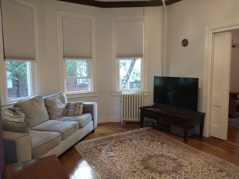 Living Room with TV. 10 foot high ceilings.