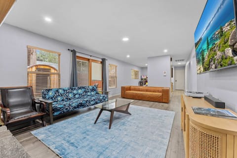 Living room smart tv wood burning fireplace, record player (bring your vinyl record collection) sound bar