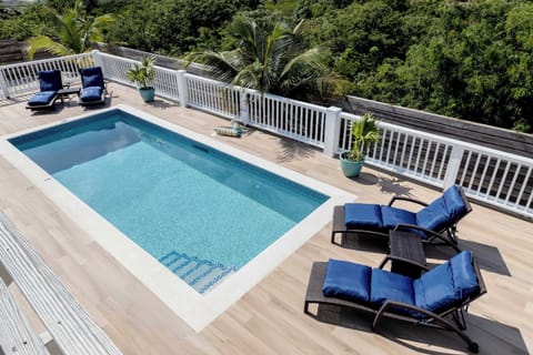 A peaceful poolside with lounge chairs and plants.