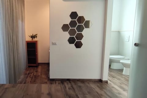 Down comforters, desk, laptop workspace, blackout drapes