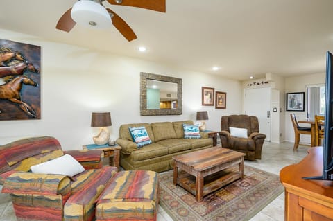 Comfortable seating with recliner and sofa bed.