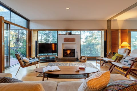 Cozy living area with fireplace and floor to ceiling windows overlooking forest