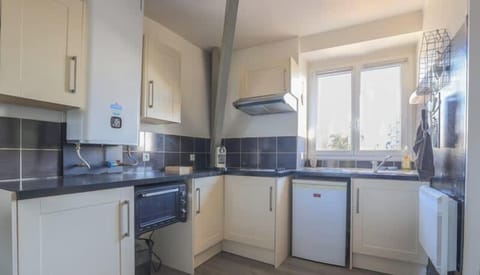 Cuisine équipée avec petit réfrigérateur, machine à café, bouilloire, plaques de cuisson et micro-ondes faisant four.