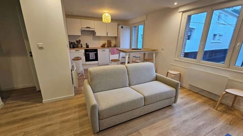 Salon avec canapé convertible et télévision.
Le salon est ouvert sur la cuisine et l'espace repas.