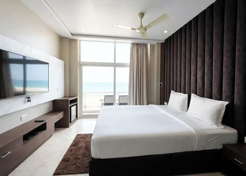 Premium bedding, desk, laptop workspace, soundproofing