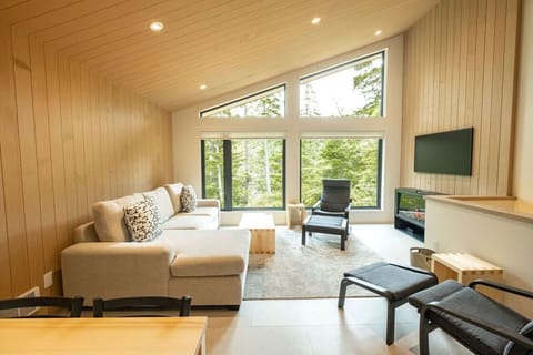 Open concept living and and dining room. The couch pulls out to a double bed