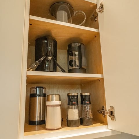 Basic amenities are stocked for you: salt, pepper, coffee + sugar, grinder, olive oil and balsamic vinegar