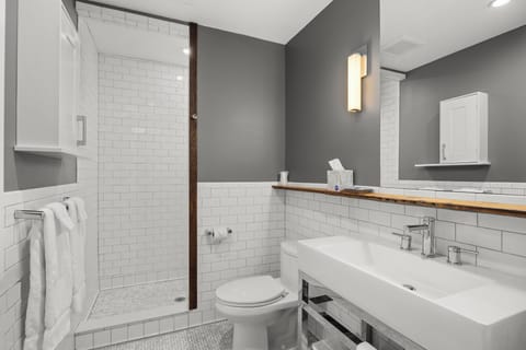 Signature Apartment | Bathroom | Shower, hydromassage showerhead, hair dryer, towels