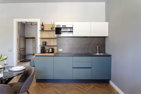 Superior Apartment | Private kitchen | Fridge, stovetop, electric kettle, coffee grinder