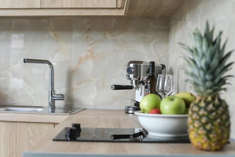 Full-size fridge, oven, stovetop, cookware/dishes/utensils