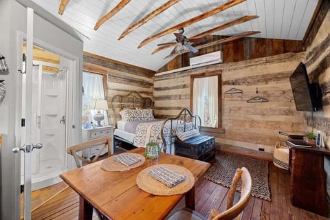A wide view shows the cabin's dining table, sleeping area, television, rustic log walls, and entry to the bathroom.