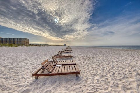 On the beach, sun loungers
