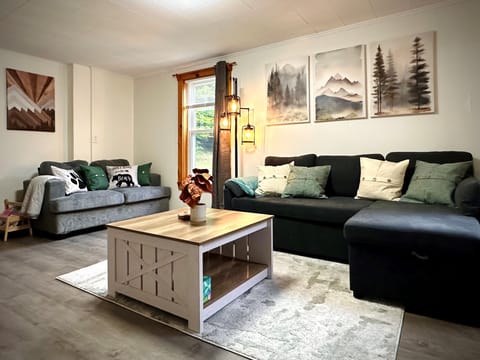 Cozy living room with a sleeper sofa, love seat and 65"TV with Netflix signed in