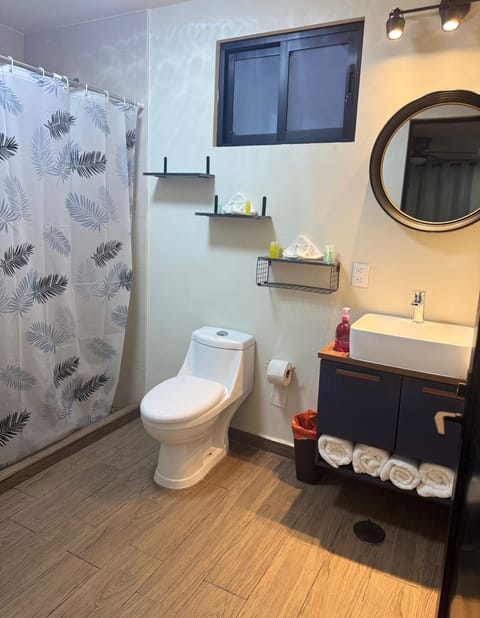 Shower, rainfall showerhead, towels, soap