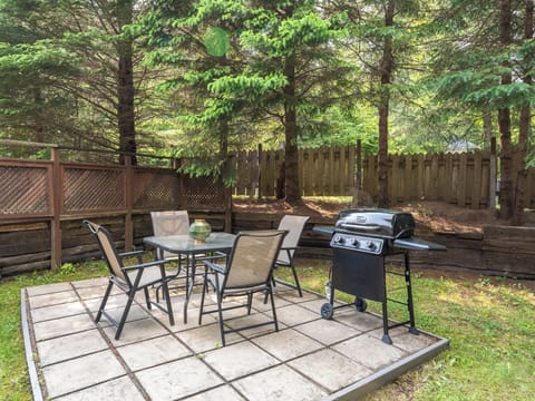    Private outdoor patio with BBQ and dining space surrounded by trees.