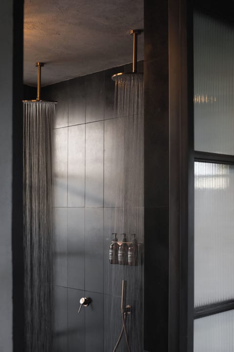 Shower, hair dryer, slippers, towels