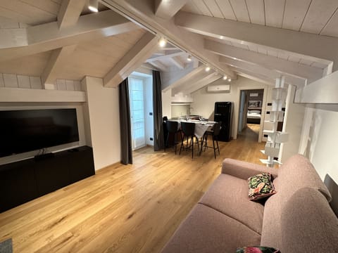 Living room with kitchenette, sofa bed, abaino with balcony and SKY TV