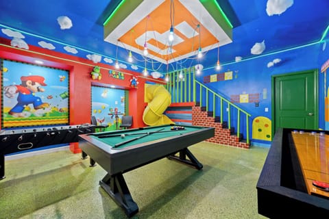 Super Mario Game Room with Slides, Pool Table, Shuffleboard, Foosball Table.