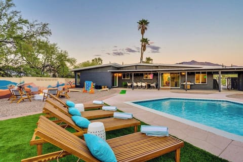 Expansive backyard designed with fun and relaxation in mind.