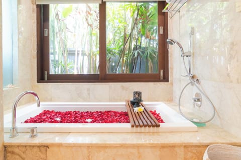 Luxury Villa, 2 Bedrooms, Garden View | Bathroom | Hair dryer, slippers, towels, soap