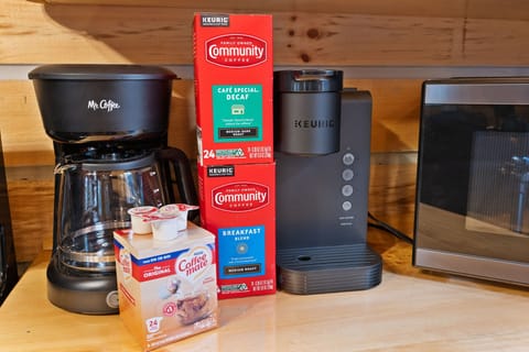 Coffee pot, Keurig, starter coffee and creamers included.