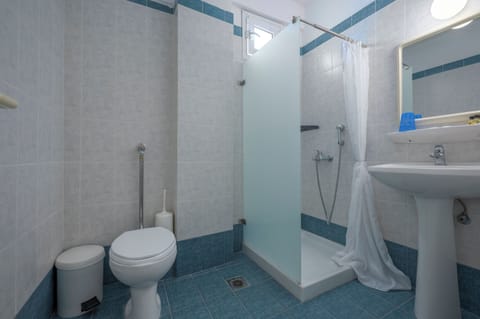 Shower, hair dryer, towels, shampoo