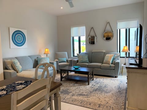 Living room with 2 pull out queen sofa beds