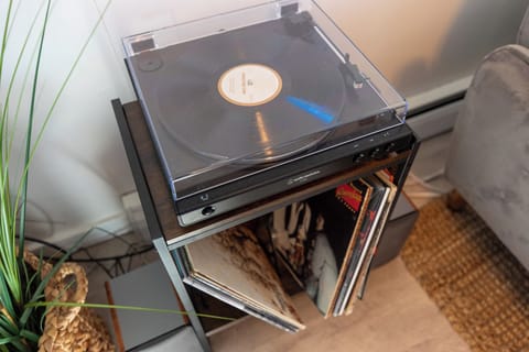 Record player stereo with a selection of house favorite albums