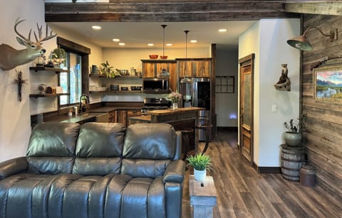 Living room over looking kitchen area