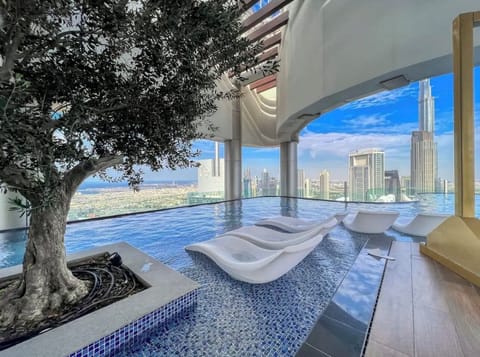 Infinity roof top swimming pool with Burj khalifa view.