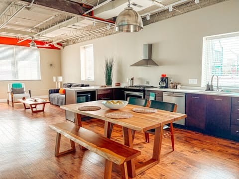 Dining table with 2 chairs and bench seating
