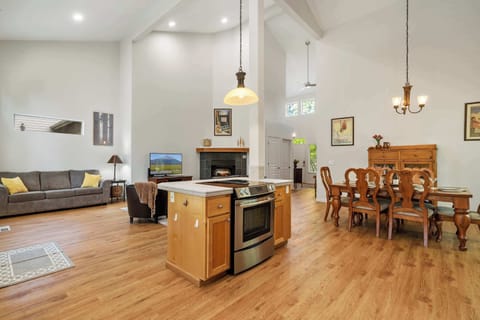 Kitchen, dining, and living area