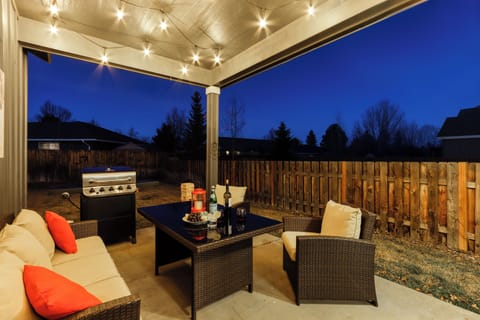 Back patio with outdoor seating and grill