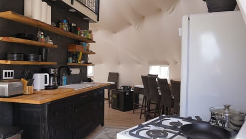 Kitchen-propane stove, fridge, freezer, wine glasses, hot water kettle + more