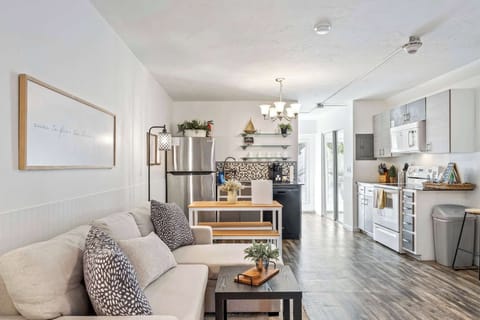 Open-concept kitchen and living area with modern appliances and cozy seating.