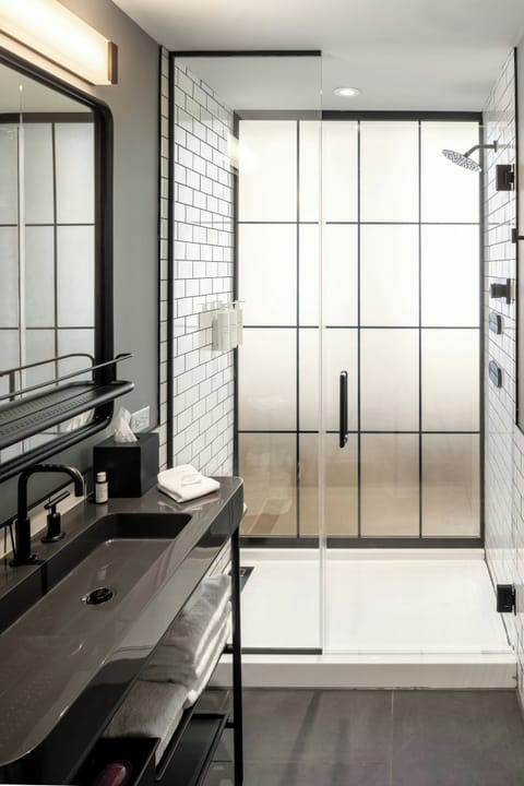 Shower, hydromassage showerhead, hair dryer, towels