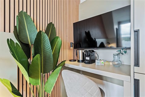 Functional Workspace and Entertainment Area – Wall-mounted TV, small desk, and a cozy chair create a perfect blend of comfort and productivity.