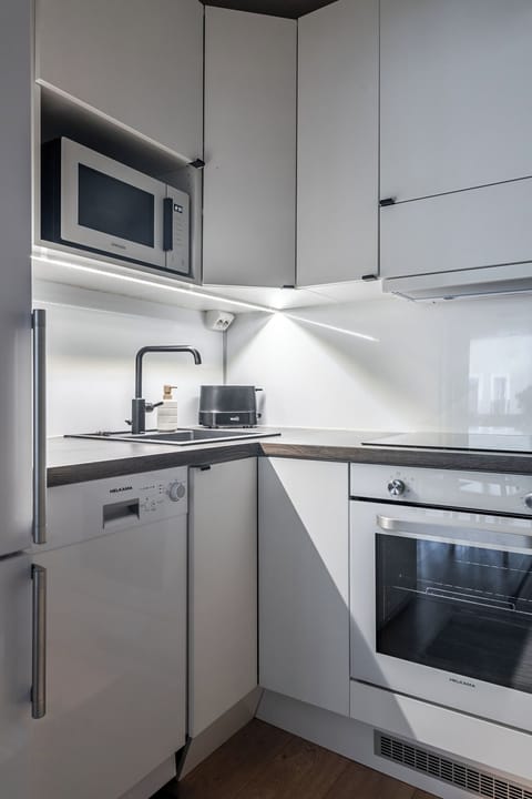 Comfort Apartment, City View | Private kitchen | Full-size fridge, microwave, oven, stovetop