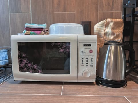 Family Apartment, Garden View | Private kitchen | Fridge, microwave, oven, electric kettle