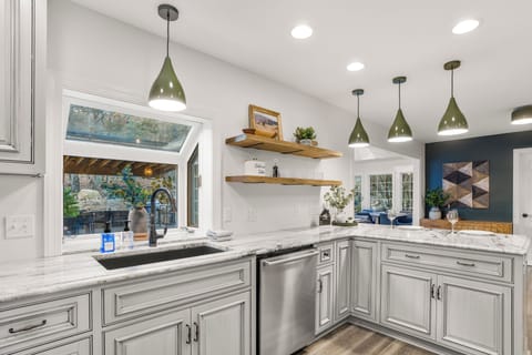 Renovated kitchen with gas range, two ovens, and everything for large meals.