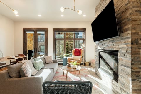 Comfy living room with a Smart TV and gas fireplace